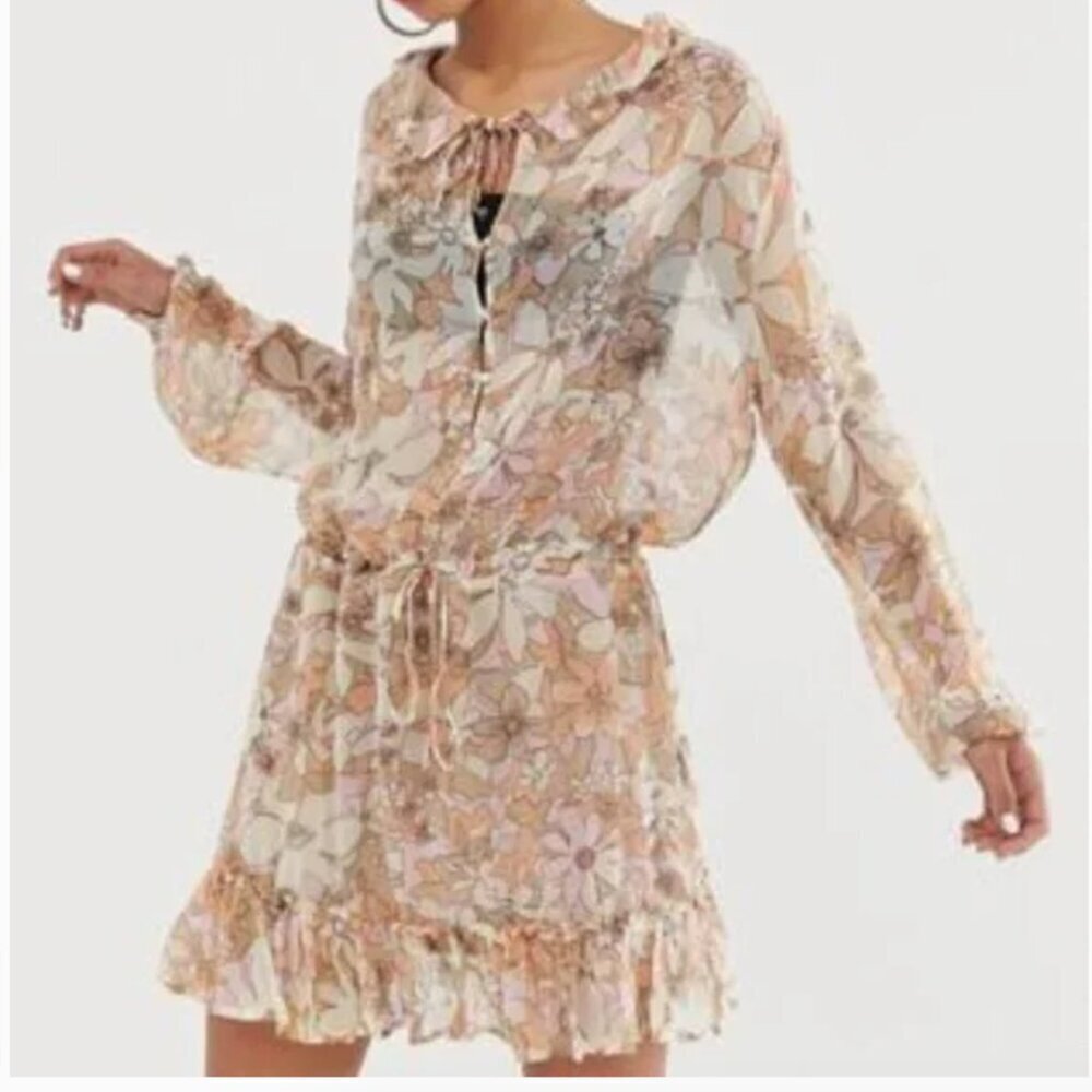 For Love and Lemons Mauritza Dress Sheer Floral Print Bell Sleeve Mini NWT Large